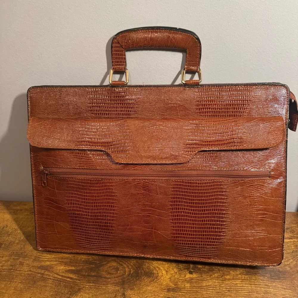 Vintage Lizard Embossed Leather Attache Briefcase Business Card‎ Wallet Set